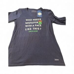 Life Is Good Shirt Womens Medium Blue Cotton Long Sleeves Pullover Christmas Tee